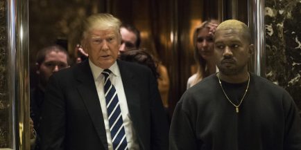 NEW YORK, NY - DECEMBER 13: (L to R) President-elect Donald Trump and Kanye West exit an elevator and walk into the lobby at Trump Tower, December 13, 2016 in New York City. President-elect Donald Trump and his transition team are in the process of filling cabinet and other high level positions for the new administration. (Photo by Drew Angerer/Getty Images)